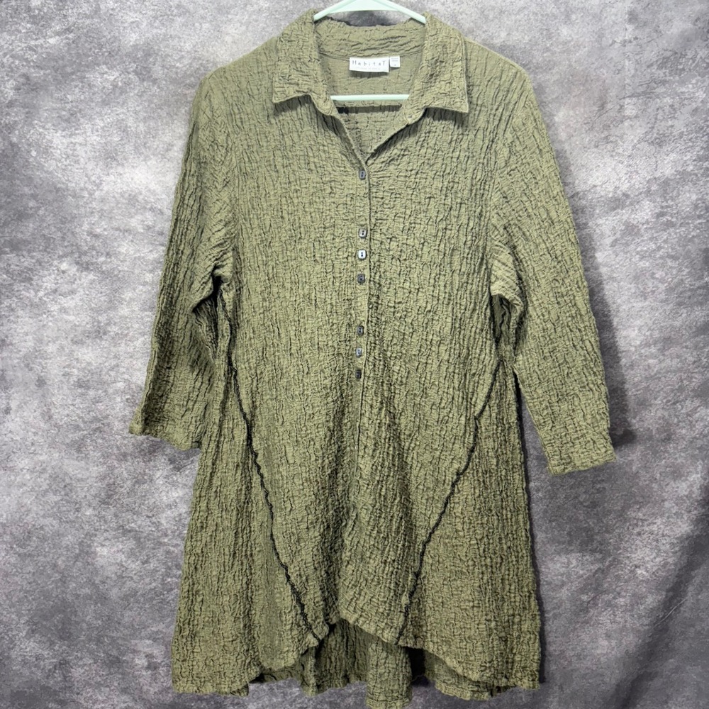Habitat Crinkle Texture Button Up Tunic Women's M Olive Green Artsy Lagenlook
